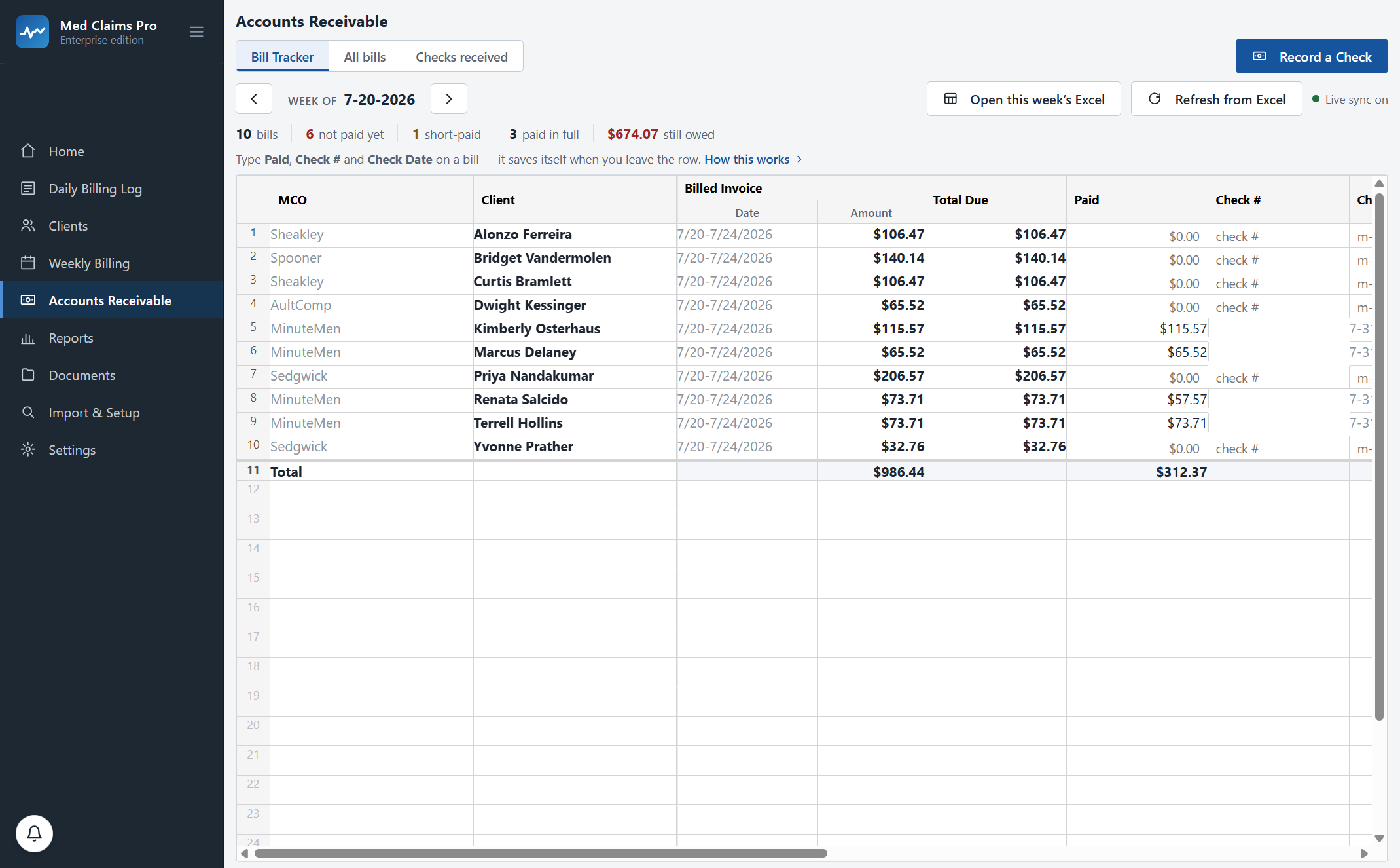 The receivables screen: ten bills, one payer check covering four claimants, one short-pay flagged, $674.07 still owed.