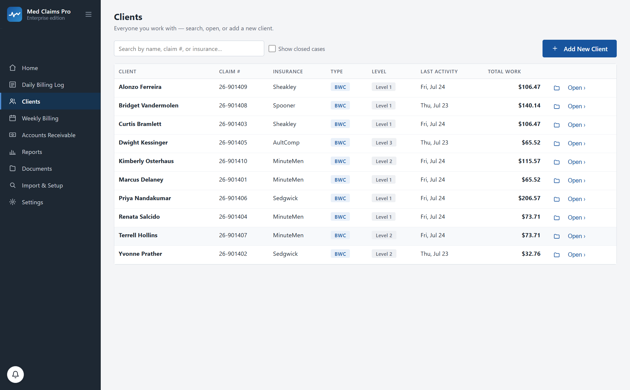 The Clients screen: ten injured workers with claim numbers, the MCO paying each one, case type, billing level, last activity and total work billed.