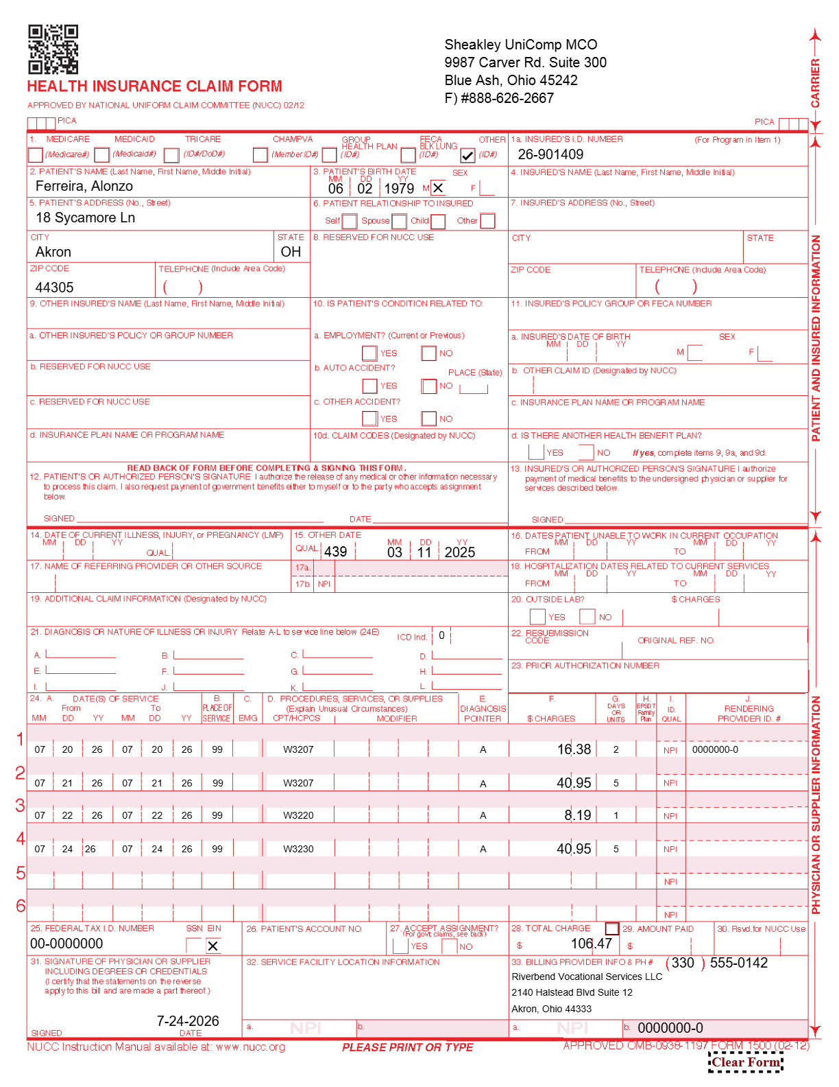 A generated CMS-1500 in Med Claims Pro with the MCO carrier block, W-code service lines, tenth-of-an-hour units and the claim number filled from the activity grid.
