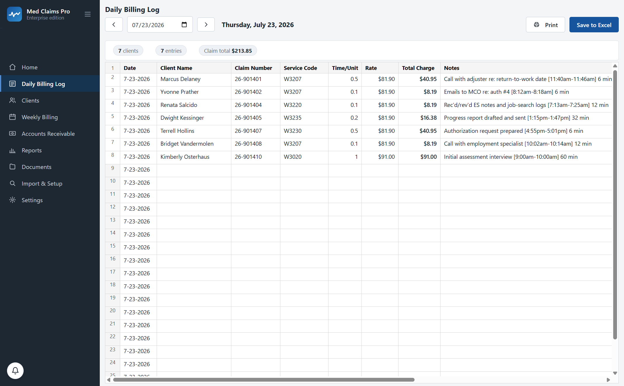 The daily activity grid: coded, timed entries at 0.1-unit precision with notes, rates and claim numbers.