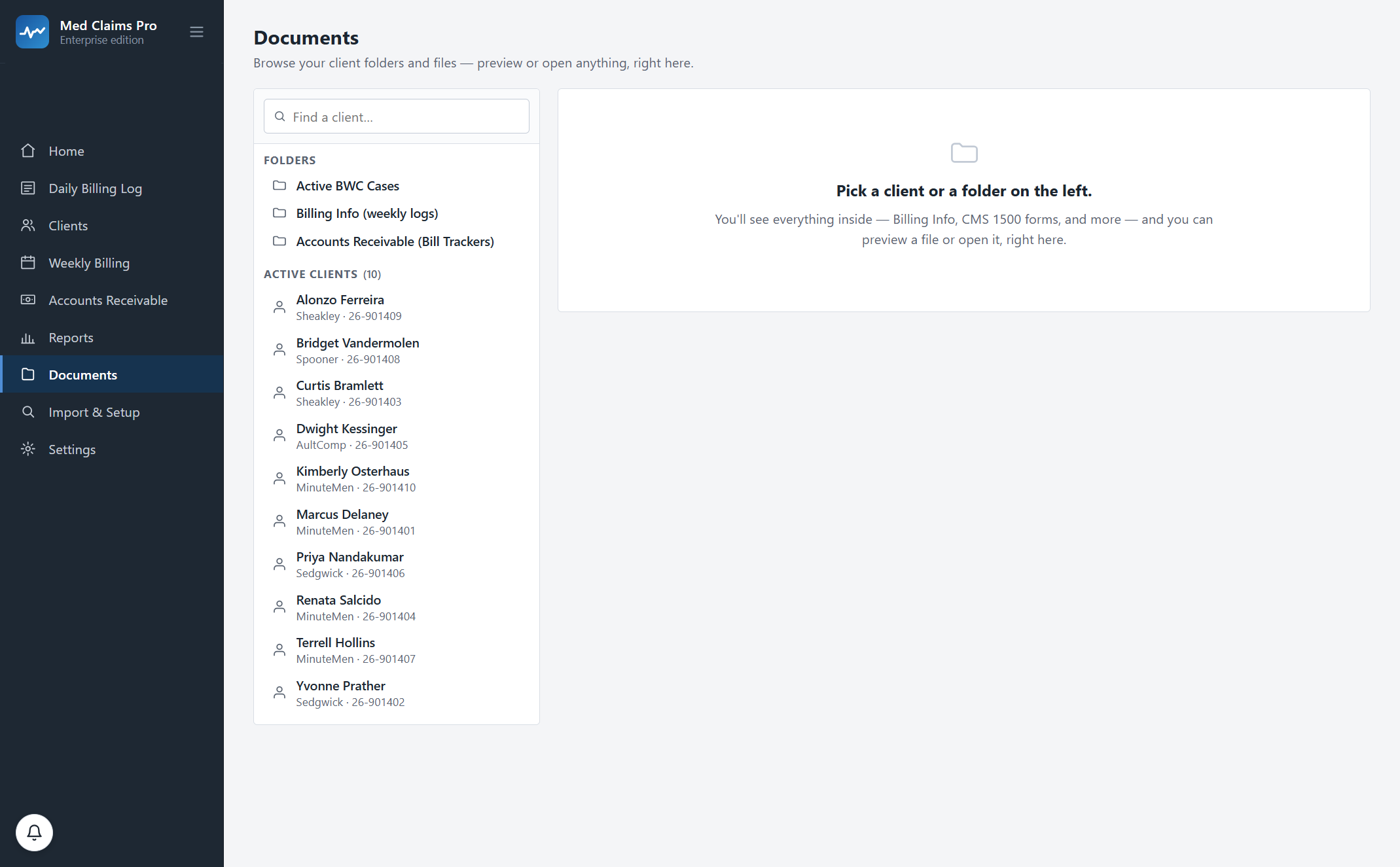 The Documents screen showing Active BWC Cases, Billing Info and Accounts Receivable folders above a list of active clients with their payer and claim number.