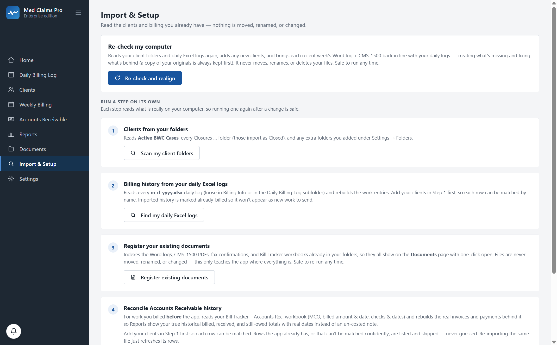 The Import and Setup screen listing the steps: clients from your folders, billing history from your daily Excel logs, register your existing documents, reconcile accounts receivable history.