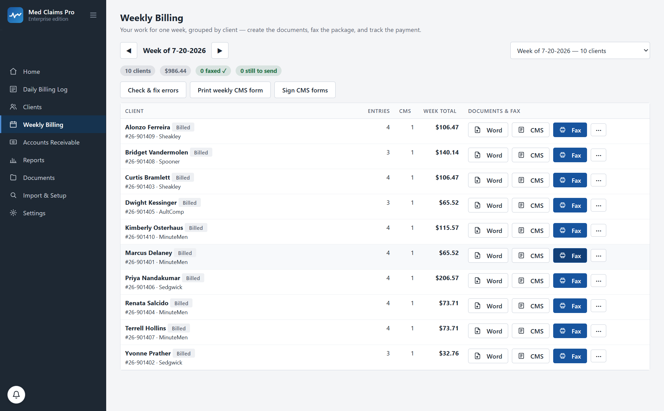 The Weekly Billing screen in Med Claims Pro: ten clients for the week of 7-20-2026 with entry counts, week totals, and a Word, CMS and Fax button on every row.